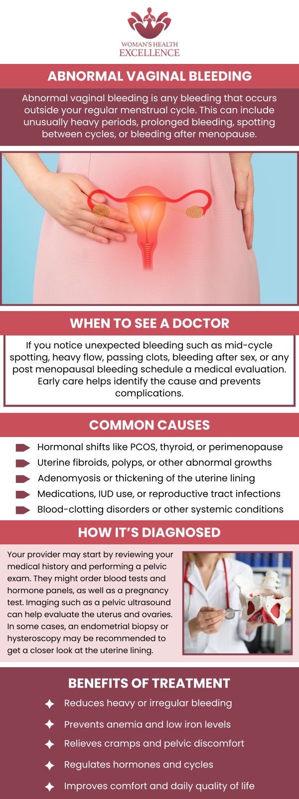 Abnormal vaginal bleeding can take several forms, including bleeding at irregular intervals, in abnormal amounts, or for an unusually long period. Any vaginal bleeding outside of what is regular is cause to visit a healthcare provider. Dr. Prema Kothandaraman offers abnormal vaginal bleeding treatment at The Ob-GYN & Incontinence Center. For more information, contact us today or book an appointment online. We have convenient locations to serve you in Arcadia, and Glendale, CA. Abnormal vaginal bleeding can take several forms, including bleeding at irregular intervals, in abnormal amounts, or for an unusually long period. Any vaginal bleeding outside of what is regular is cause to visit a healthcare provider. Dr. Prema Kothandaraman offers abnormal vaginal bleeding treatment at The Ob-GYN & Incontinence Center. For more information, contact us today or book an appointment online. We have convenient locations to serve you in Arcadia, and Glendale, CA.