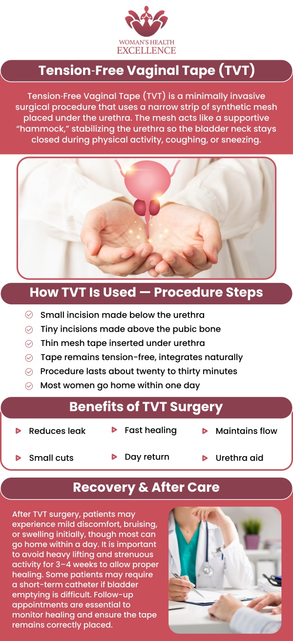 The Tension-Free Vaginal Tape (TVT) procedure is a minimally invasive surgery used to treat stress urinary incontinence in women by providing support to the urethra. This outpatient procedure involves placing a mesh tape under the urethra to create a hammock-like support, significantly improving bladder control with a quick recovery time. Dr. Prema Kothandaraman offers Tension-Free Vaginal Tape Procedure at The Ob-GYN & Incontinence Center. For more information, contact us today or book an appointment online. We have convenient locations to serve you in Arcadia, and Glendale, CA.