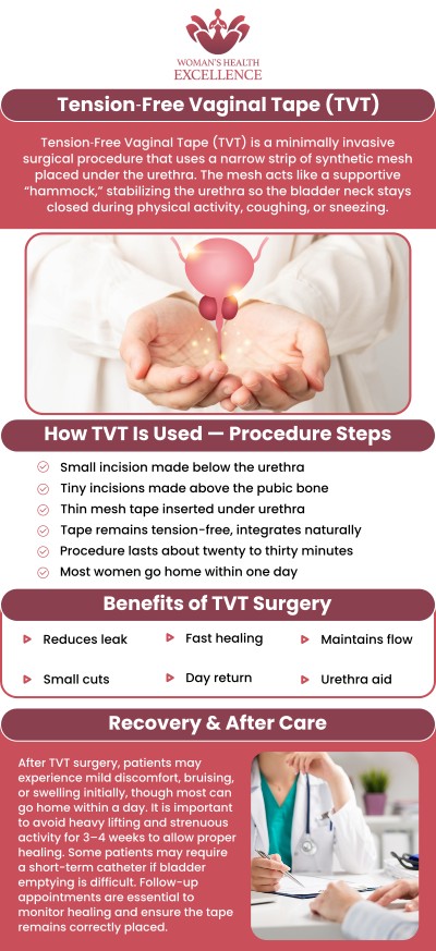 The Tension-Free Vaginal Tape (TVT) procedure is a minimally invasive surgery used to treat stress urinary incontinence in women by providing support to the urethra. This outpatient procedure involves placing a mesh tape under the urethra to create a hammock-like support, significantly improving bladder control with a quick recovery time. Dr. Prema Kothandaraman offers Tension-Free Vaginal Tape Procedure at The Ob-GYN & Incontinence Center. For more information, contact us today or book an appointment online. We have convenient locations to serve you in Arcadia, and Glendale, CA.